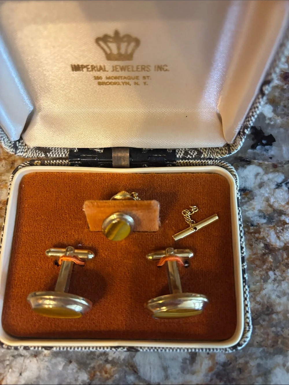 Vintage Imperial Jewelers Men's Tiger Eye Cufflinks and Tie Tack Set